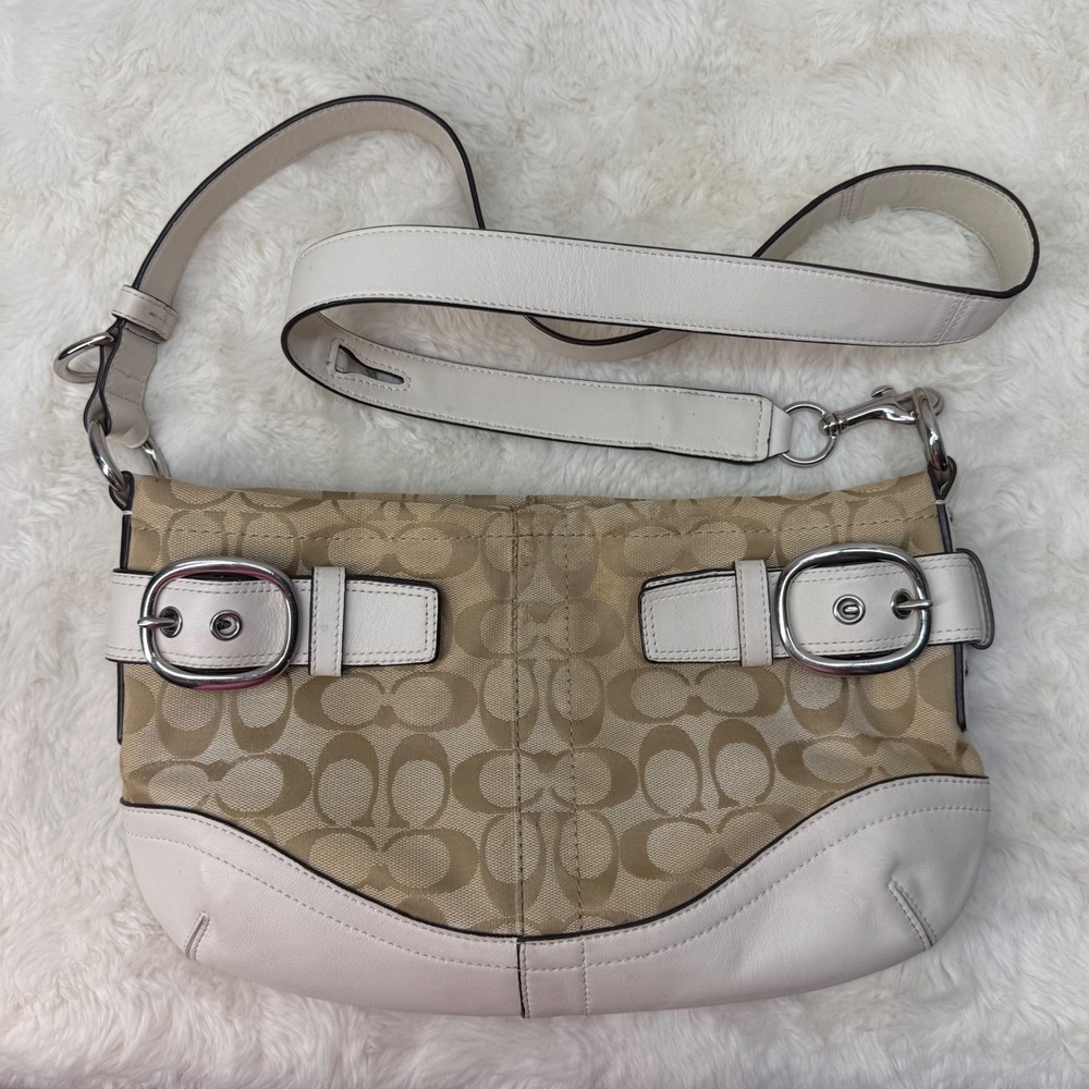 Coach F17169 Signature Canvas Crossbody Bag Beige‎ Canvas White Leather Trim